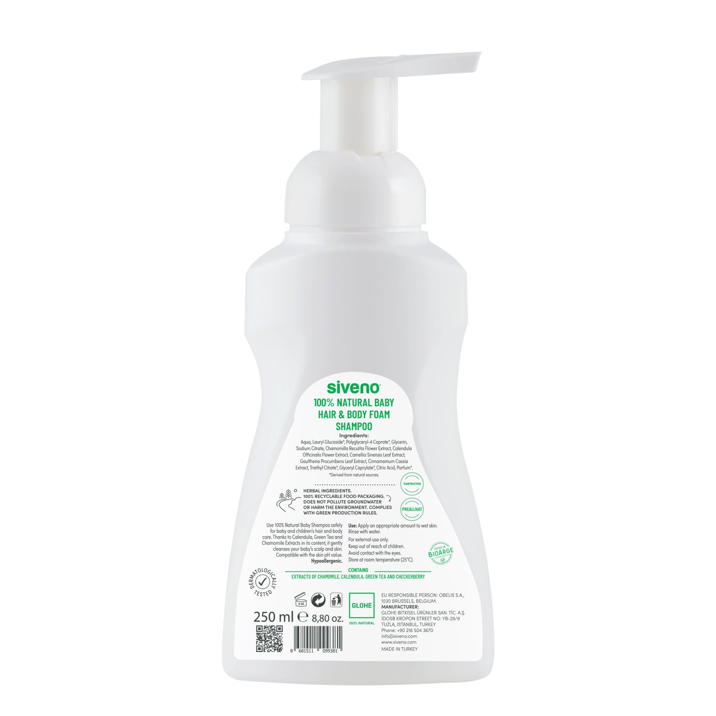 Siveno 100% Natural Baby Hair & Body Foam Shampoo 250 ml