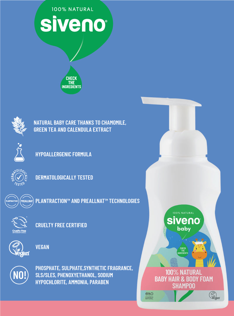 Siveno 100% Natural Baby Hair & Body Foam Shampoo 250 ml